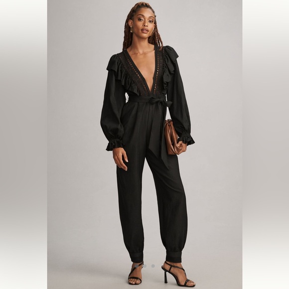 FARM Rio Pants - Farm Rio Black Laces & Ruffles Jumpsuit Size M NWT